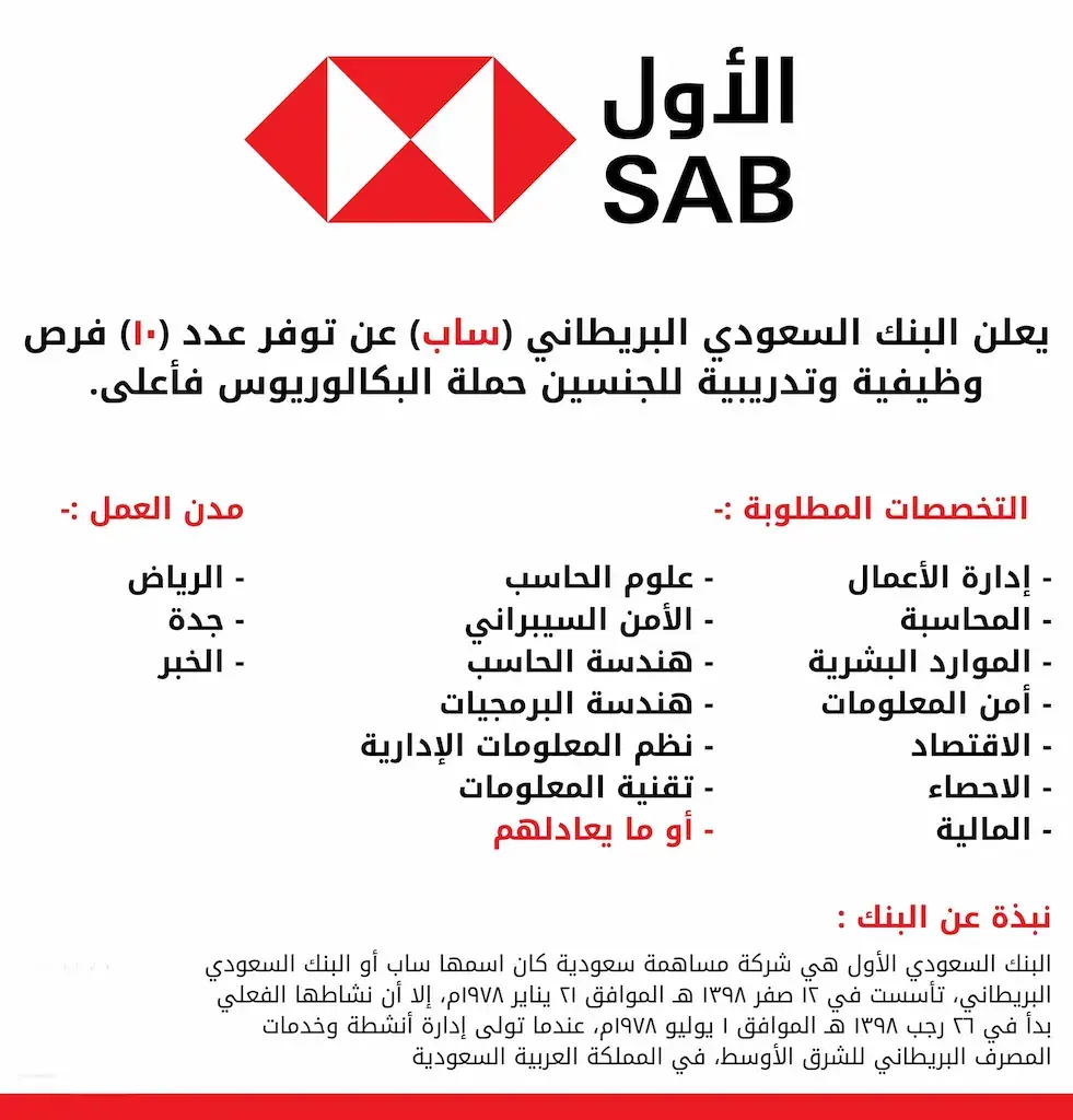 10 وظائف شاغرة في بنك ساب لحملة البكالوريوس – في الرياض وجدة والخبر