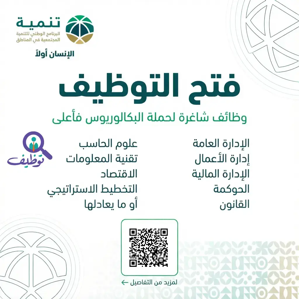 البرنامج الوطني للتنمية المجتمعية (تنمية) يعلن 5 وظائف في الرياض والعلا