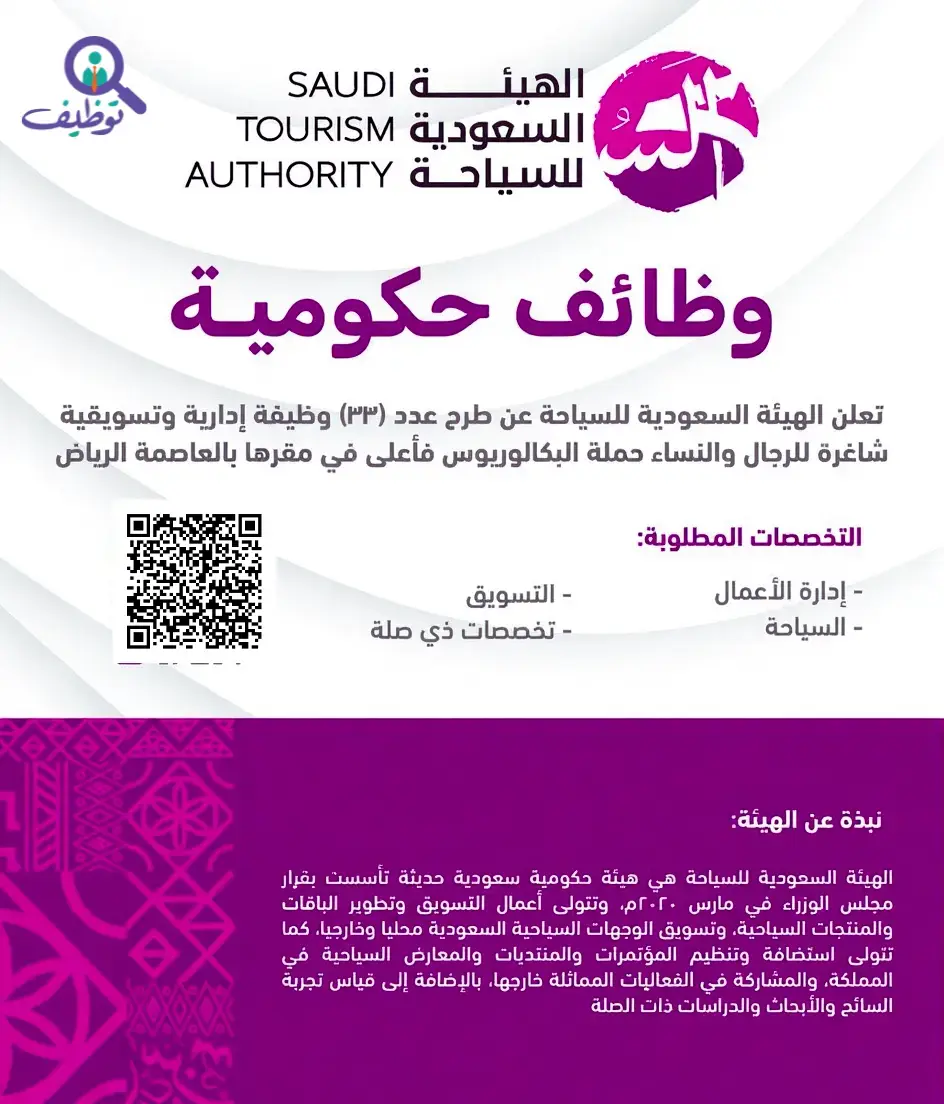 الهيئة السعودية للسياحة تعلن 33 وظيفة شاغرة للرجال والنساء لحملة البكالوريوس فأعلى
