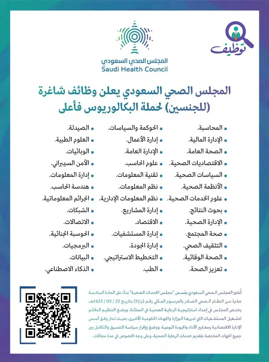 المجلس الصحي السعودي يعلن 6 وظائف شاغرة للجنسين لحملة البكالوريوس فأعلى – الرياض
