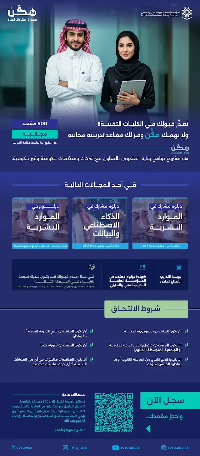 المؤسسة العامة للتدريب التقني والمهني تطلق برنامج «مكن» بمنح تدريبية مجانية لحملة الثانوية العامة