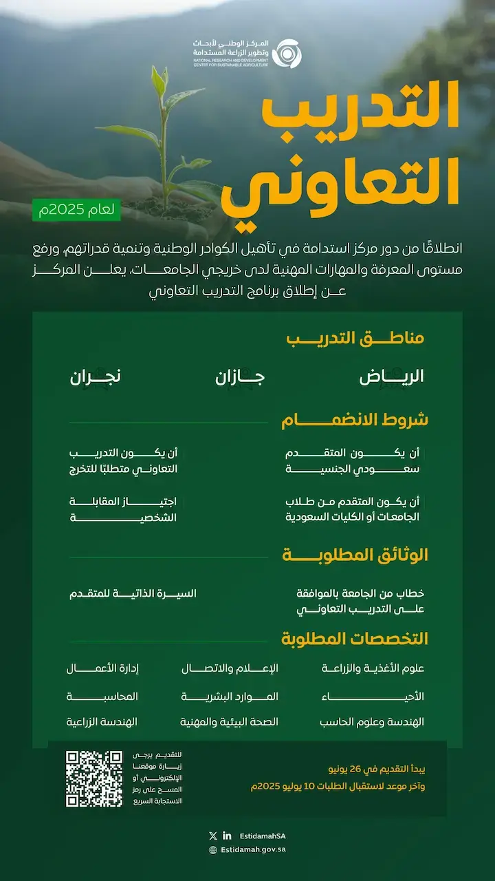 المركز الوطني لأبحاث وتطوير الزراعة المستدامة (استدامة) يعلن برنامج التدريب التعاوني لعام 2025م