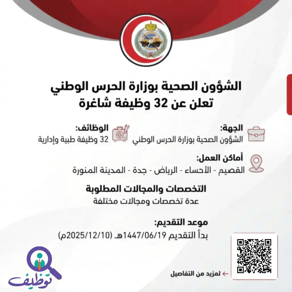 الشؤون الصحية بالحرس الوطني تعلن 35 وظيفة وبرامج ابتعاث للجنسين بعدة مدن بالمملكة