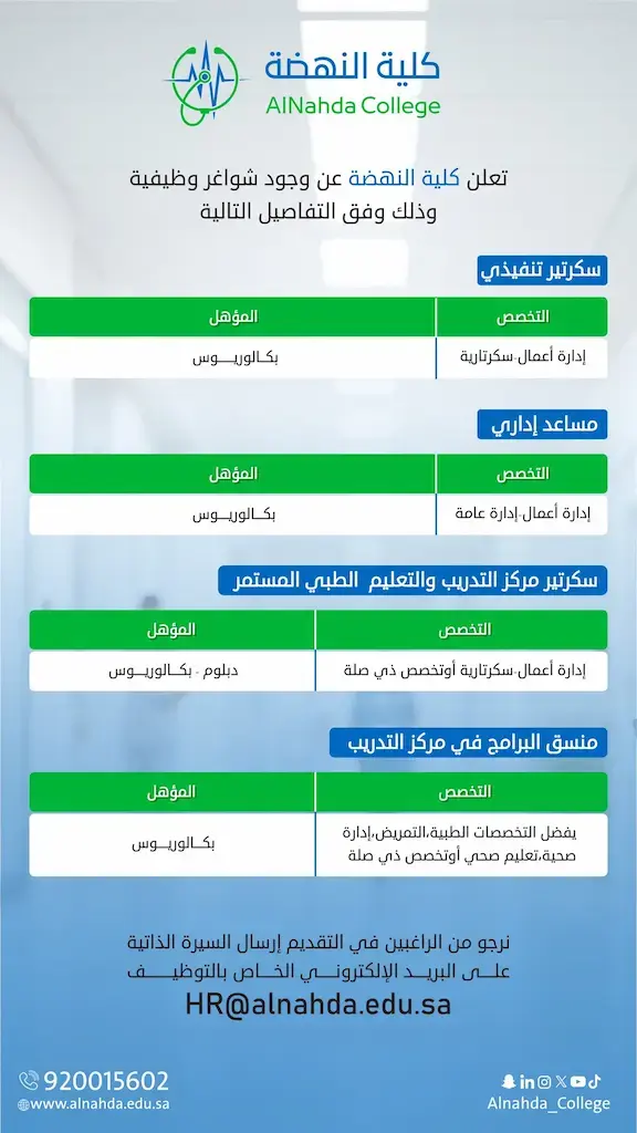 كلية النهضة تعلن وظائف أكاديمية وإدارية شاغرة لحملة الدبلوم فأعلى