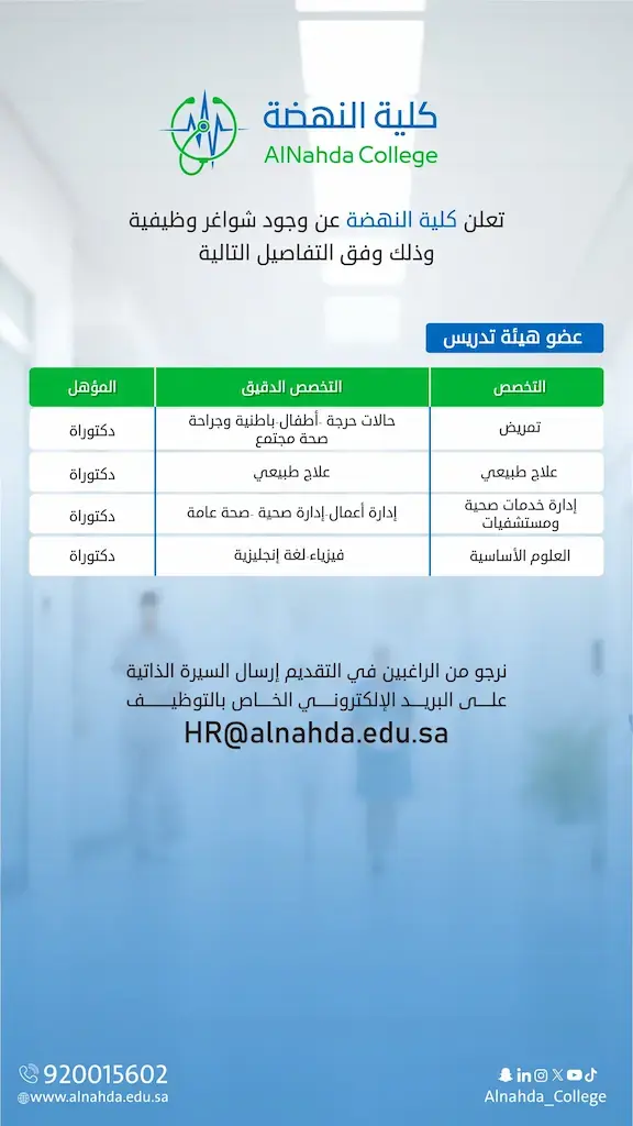 كلية النهضة تعلن وظائف أكاديمية وإدارية شاغرة لحملة الدبلوم فأعلى