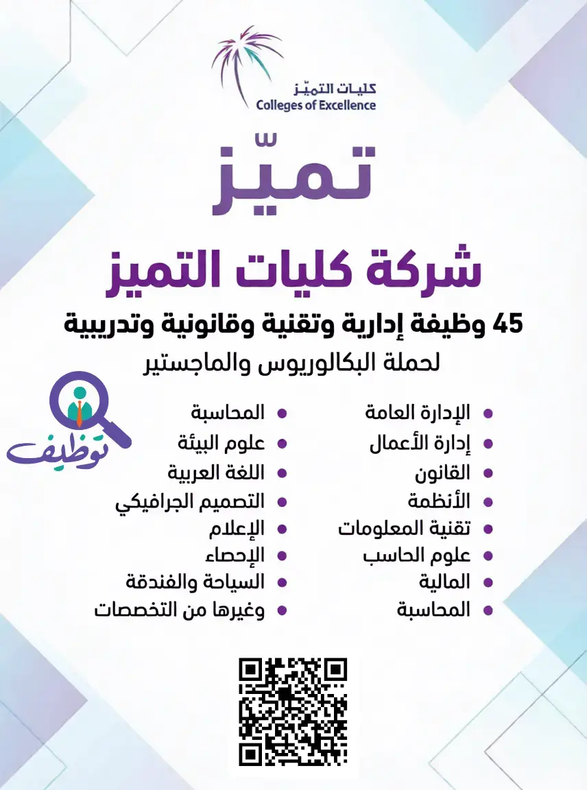 كليات التميز تعلن (45) وظيفة شاغرة لحملة البكالوريوس والماجستير