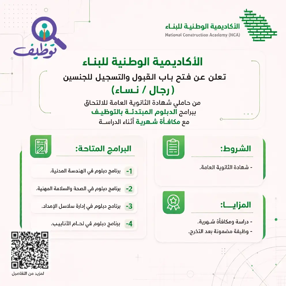 الأكاديمية الوطنية للبناء تعلن برامج دبلوم مبتدئة بالتوظيف للجنسين