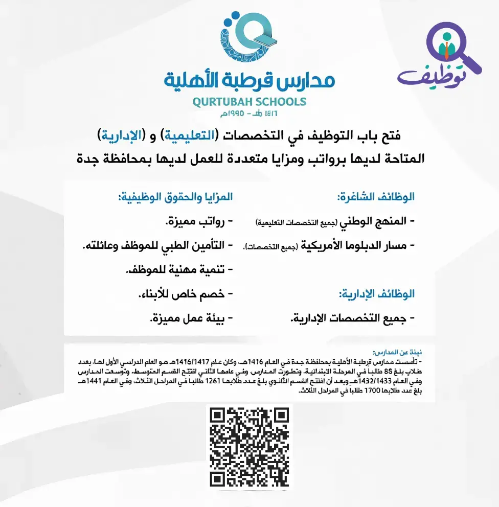 مدارس قرطبة الأهلية تعلن (50) وظيفة تعليمية وإدارية لكافة التخصصات