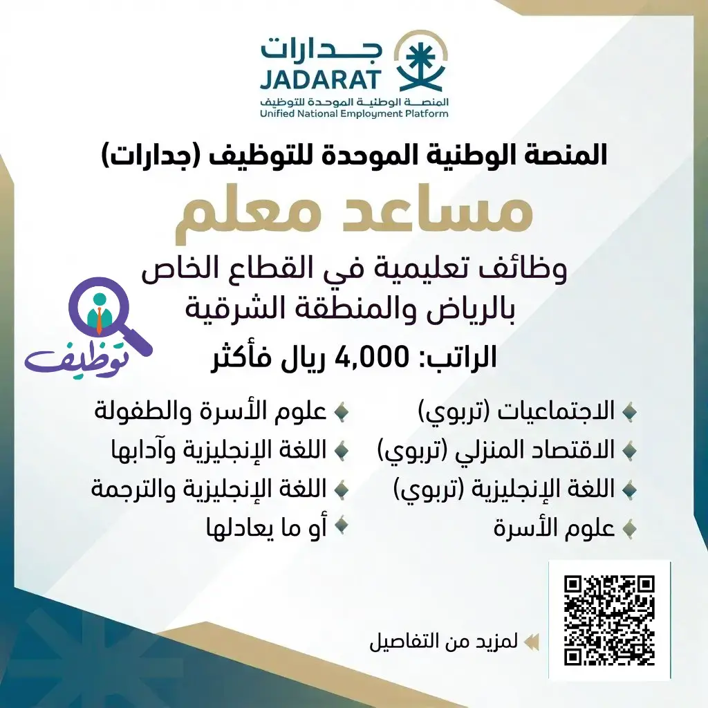منصة جدارات تعلن وظائف تعليمية بمسمى مساعد معلم في الرياض والخبر