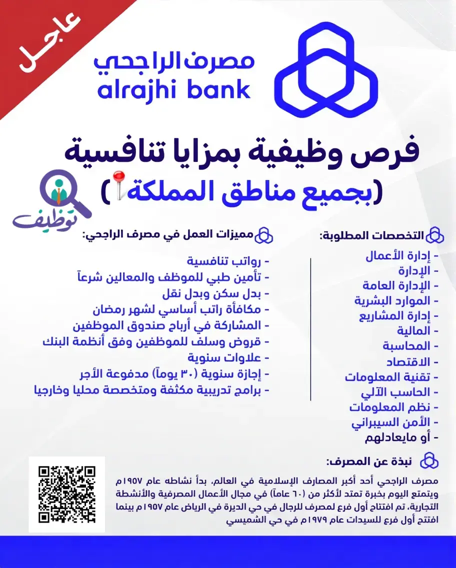 مصرف الراجحي يعلن (11) وظيفة شاغرة للرجال والنساء في جميع مناطق المملكة