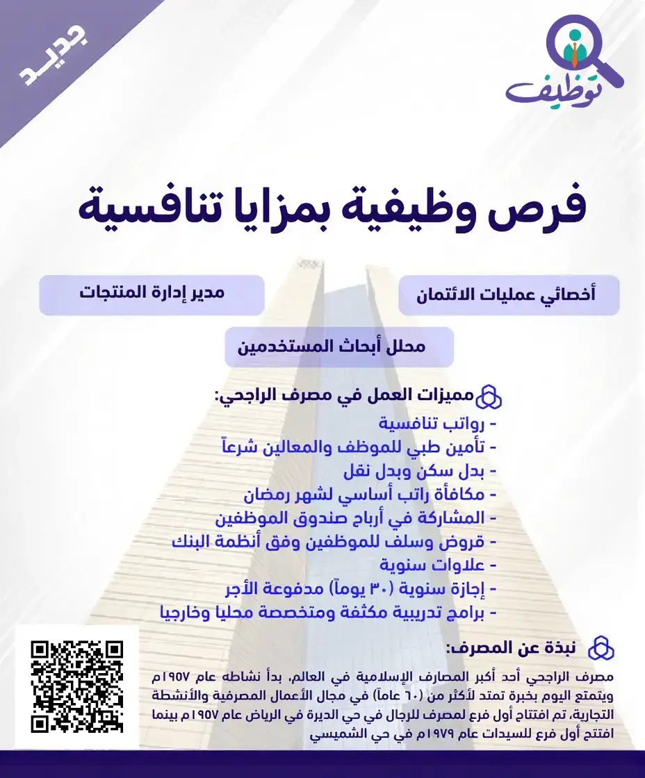 مصرف الراجحي يعلن عن (8) وظائف شاغرة إدارية ومالية لحملة البكالوريوس فأعلى في الرياض