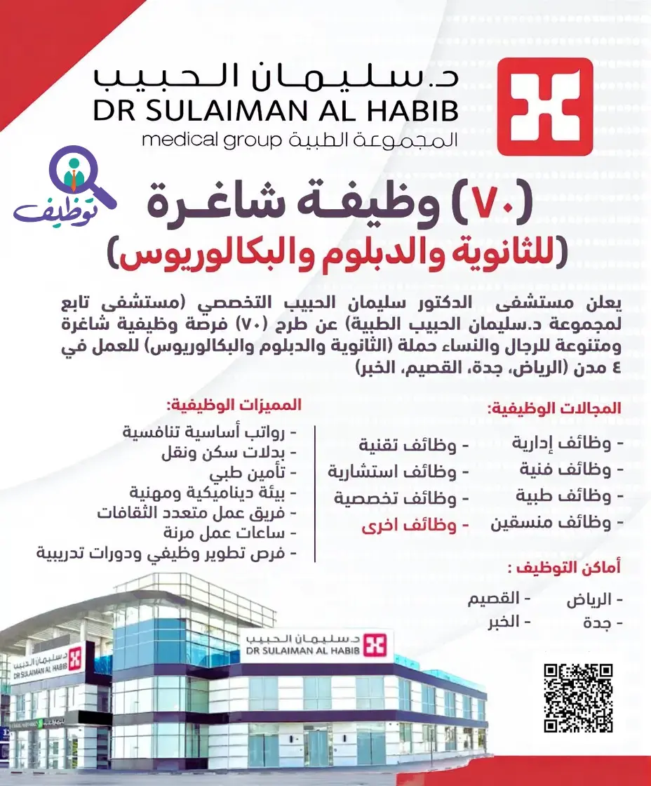 مستشفى د. سليمان الحبيب التخصصي يطرح 80 وظيفة متنوعة للرجال والنساء