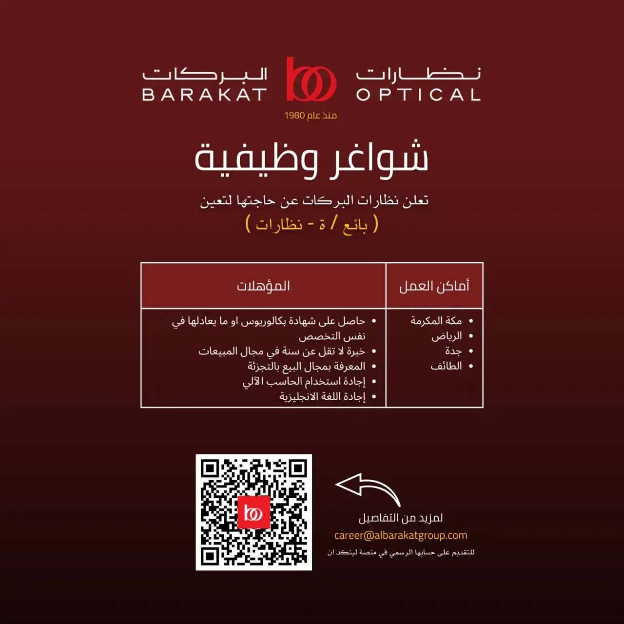 نظارات البركات تعلن وظائف بائعين وبائعات شاغرة للجنسين في عدة مدن