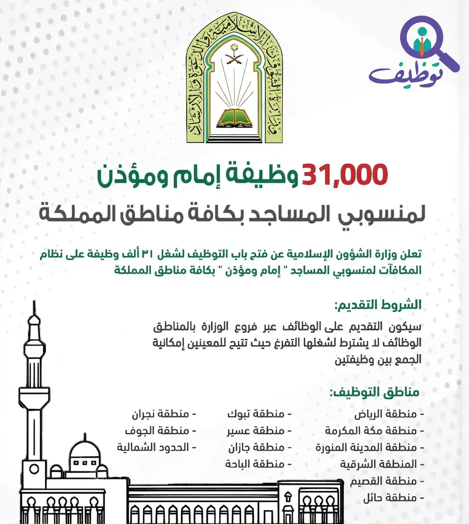وزارة الشؤون الإسلامية تعلن 31 ألف وظيفة إمام ومؤذن في جميع مناطق المملكة