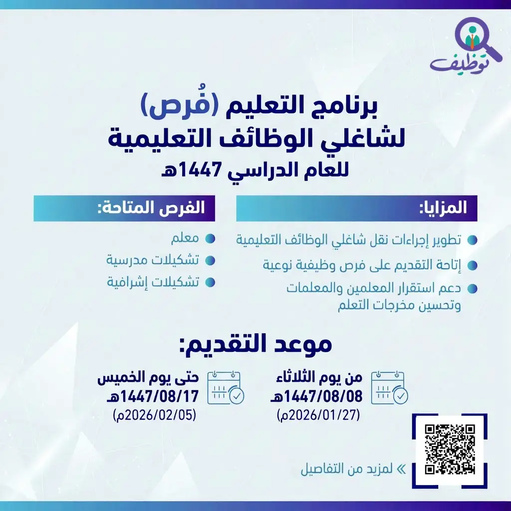 وزارة التعليم تعلن التقديم على برنامج فُرص لشاغلي الوظائف التعليمية 1447هـ