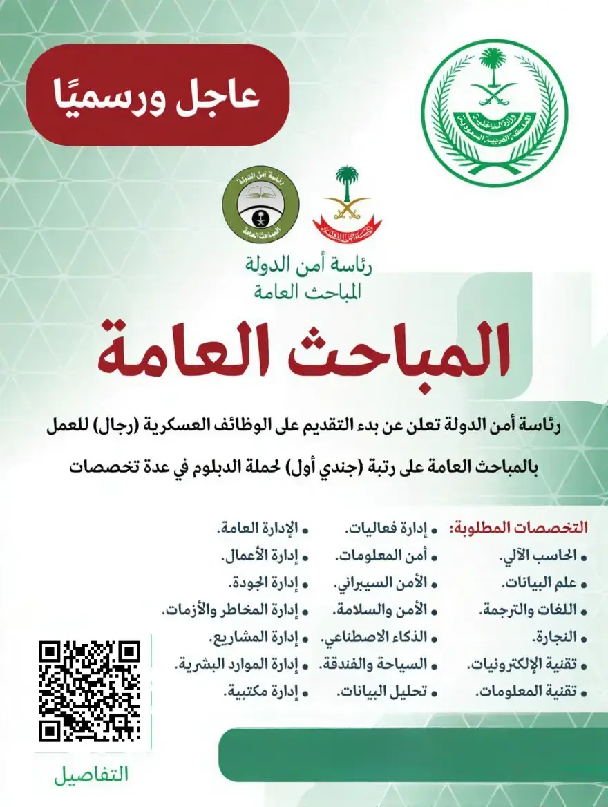 رئاسة أمن الدولة تعلن نتائج القبول المبدئي في المباحث العامة على رتبة جندي أول