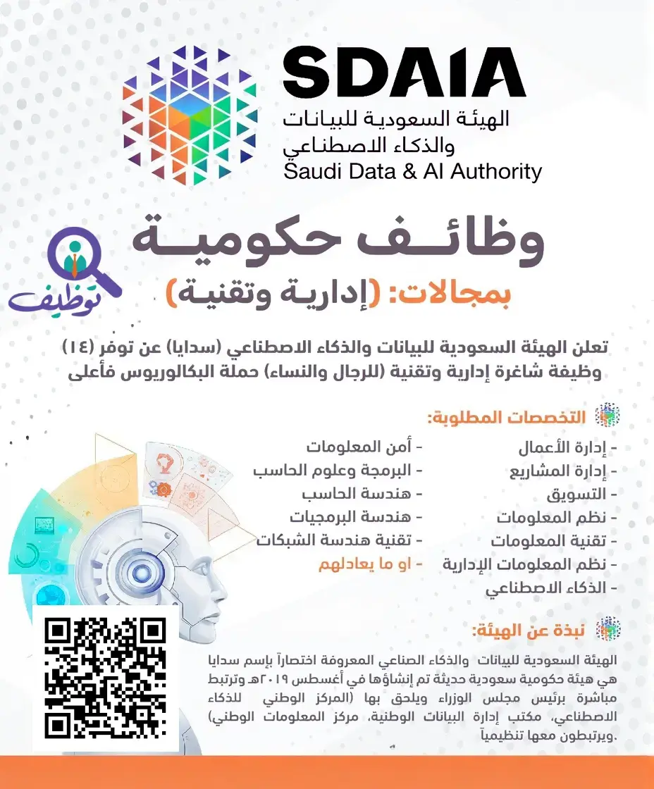 سدايا تعلن (14) وظيفة تقنية شاغرة لحملة البكالوريوس فأعلى