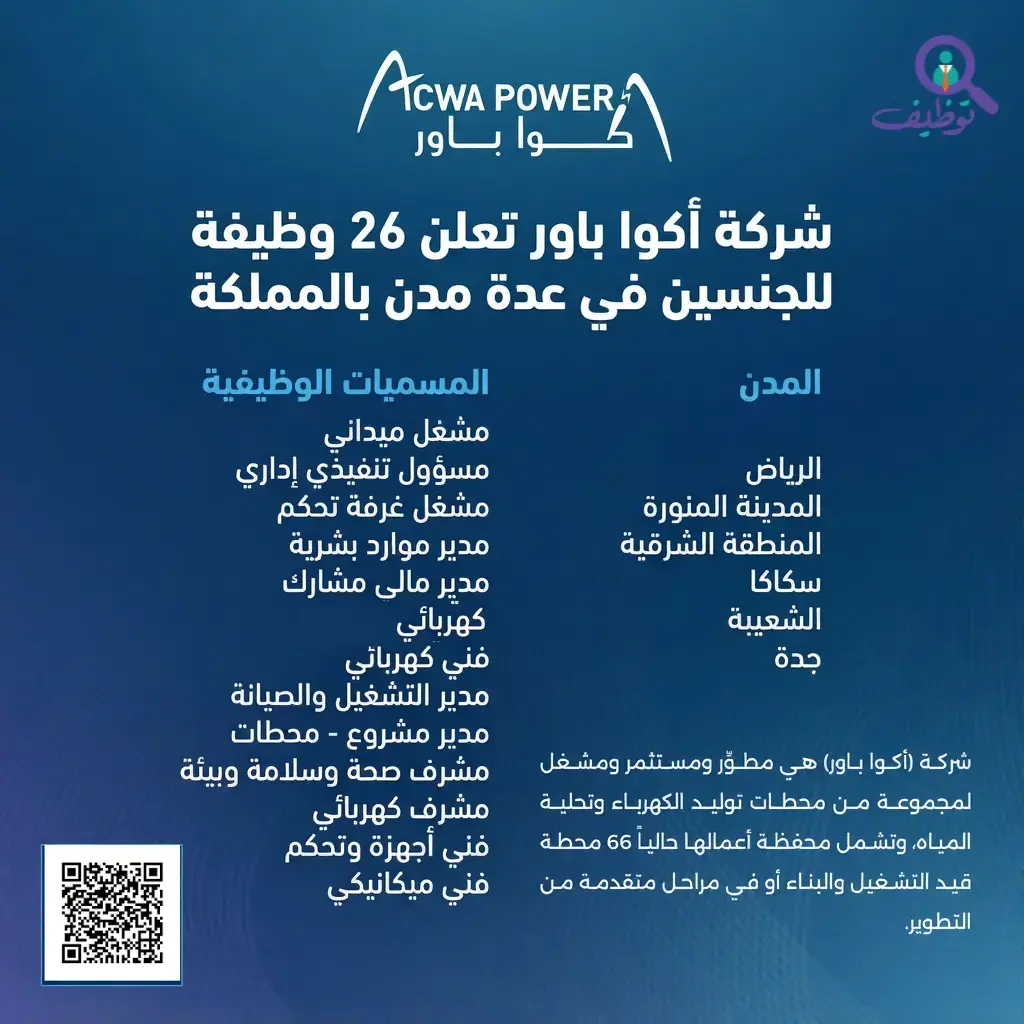شركة أكوا باور تعلن عن (64) وظيفة شاغرة لحملة الدبلوم فأعلى بعدة مدن