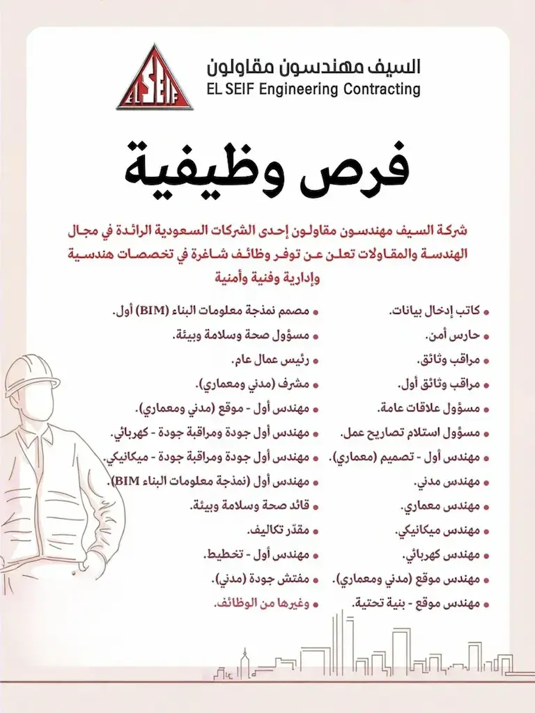 شركة السيف مهندسون مقاولون تعلن 39 وظيفة شاغرة للرجال والنساء