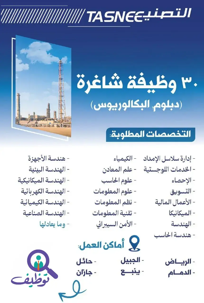 شركة التصنيع الوطنية توفر 39 وظيفة لحملة الدبلوم والبكالوريوس في 6 مدن