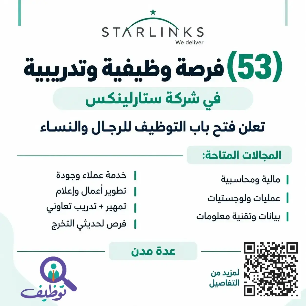 شركة Starlinks تعلن عن 53 وظيفة وفرصة تدريبية للرجال والنساء في عدة مدن بالسعودية