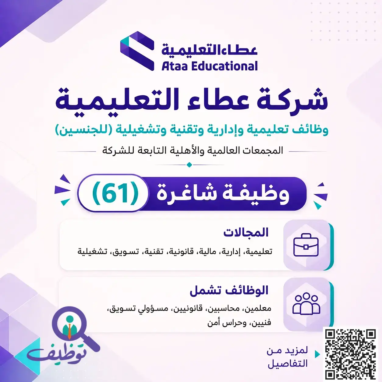 شركة عطاء التعليمية تعلن (61) وظيفة تعليمية وإدارية شاغرة للجنسين