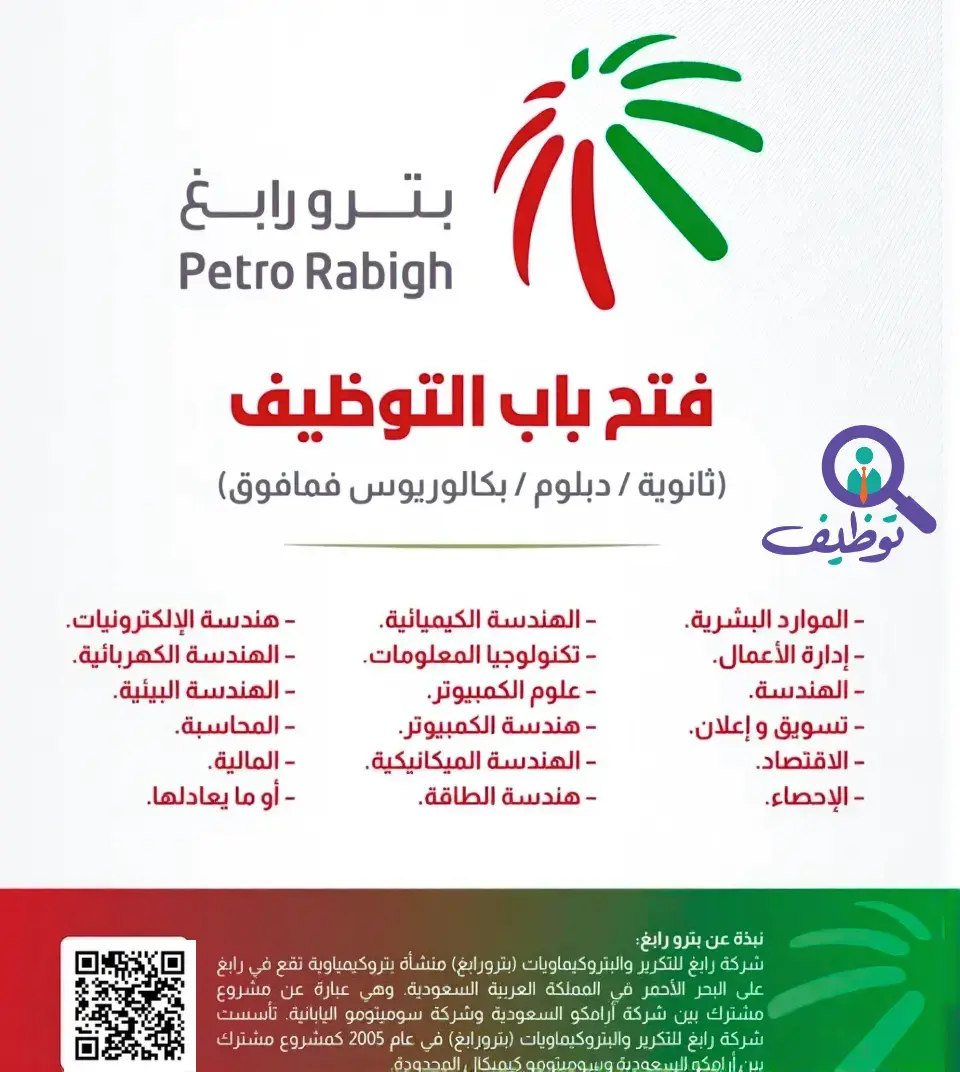 شركة بترورابغ تعلن (6) وظائف شاغرة لحملة البكالوريوس فأعلي