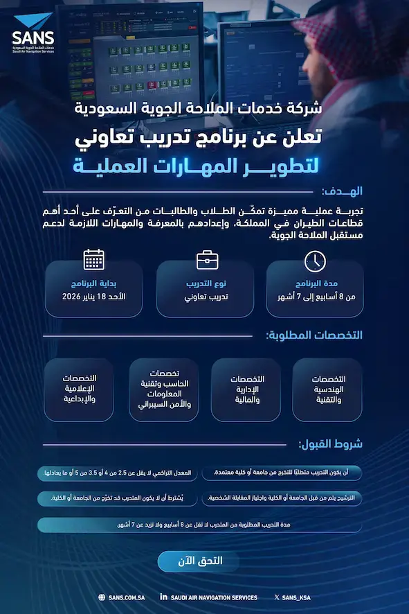 شركة خدمات الملاحة الجوية السعودية تعلن برنامج التدريب التعاوني 2026م