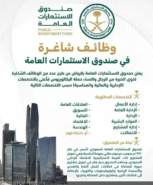 صندوق الاستثمارات العامة يعلن 5 وظائف شاغرة للرجال والنساء – بالرياض