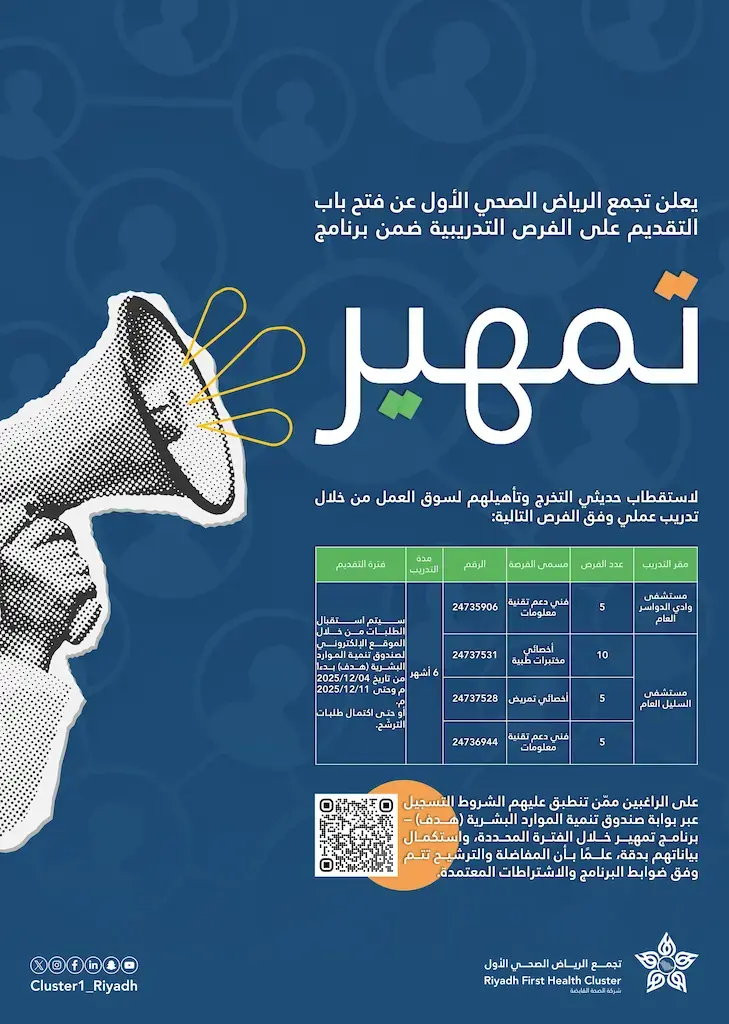 تجمع الرياض الصحي الأول يعلن تدريب صحي (تمهير) لحديثي التخرج