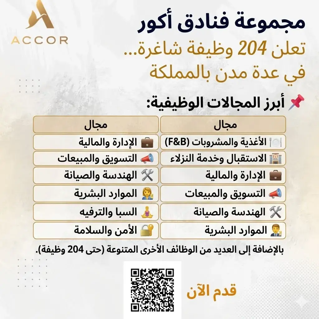 مجموعة فنادق أكور تعلن (204) وظيفة شاغرة لحملة الثانوية فأعلى